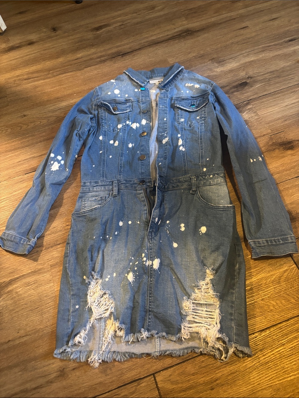 Paint-Splatter Distressed Denim Jacket Dress - Blue